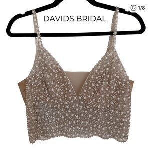 David's Bridal Pearl Embellished White Crop Top